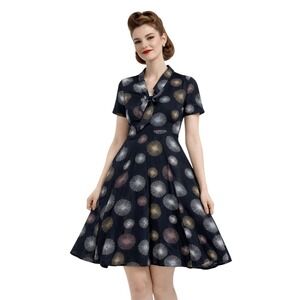 VTG Effies Heart Black Sunburst Fit and Flare Dress Retro Medium Rare Print